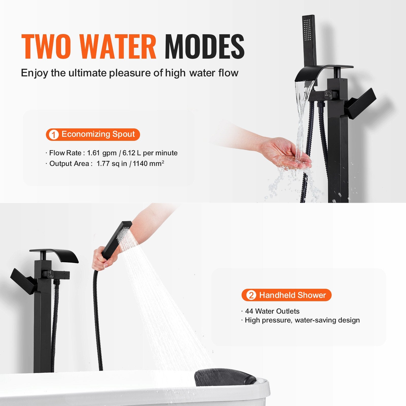 VEVOR Freestanding Bathtub Faucet, Floor Mount, Freestanding Tub Filler, Shower Mixer Taps, Two Water Modes, 360° Swivel Spout, for Bathing & Showering Pet Bathing Cleaning Drains Toilet Flushing 