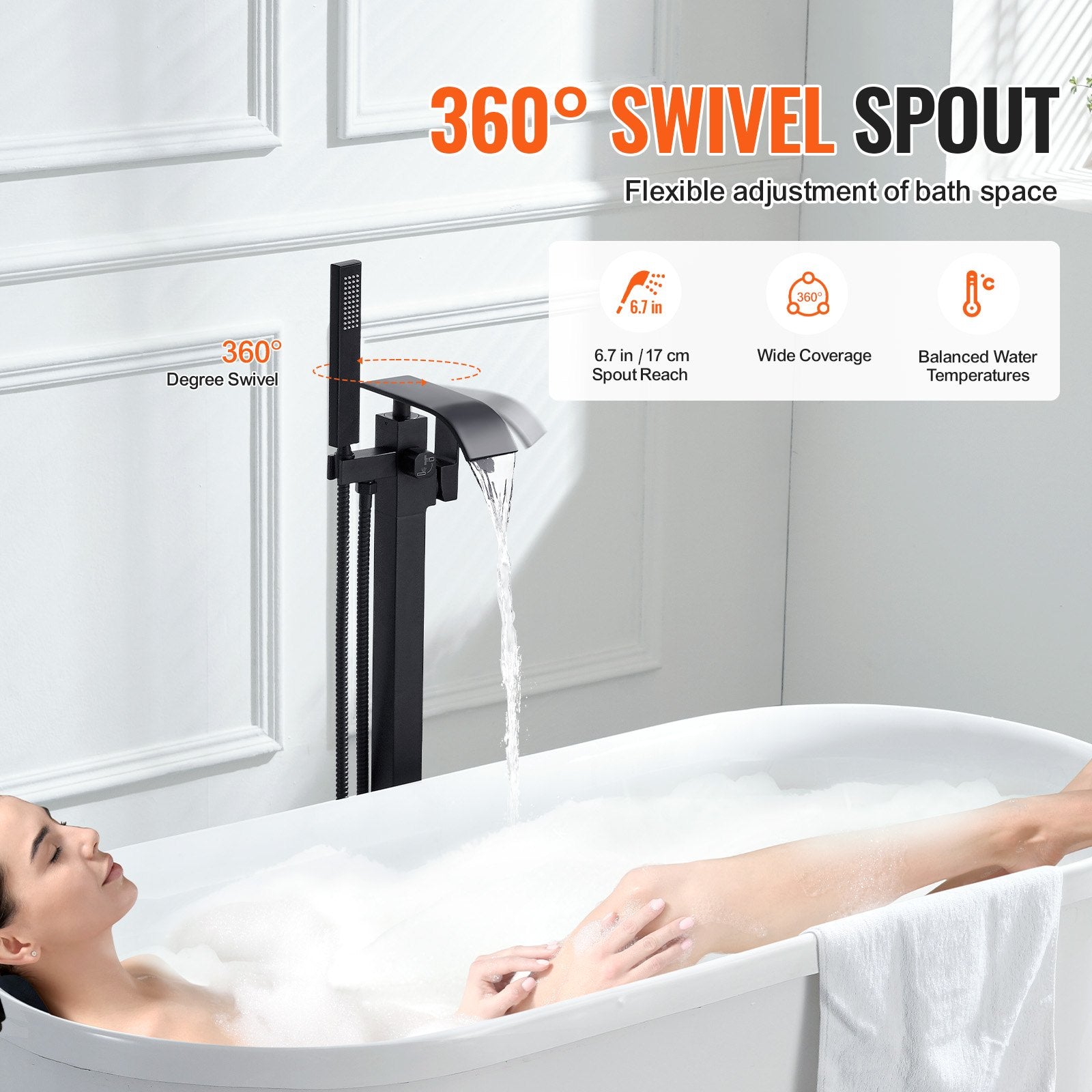 VEVOR Freestanding Bathtub Faucet, Floor Mount, Freestanding Tub Filler, Shower Mixer Taps, Two Water Modes, 360° Swivel Spout, for Bathing & Showering Pet Bathing Cleaning Drains Toilet Flushing 