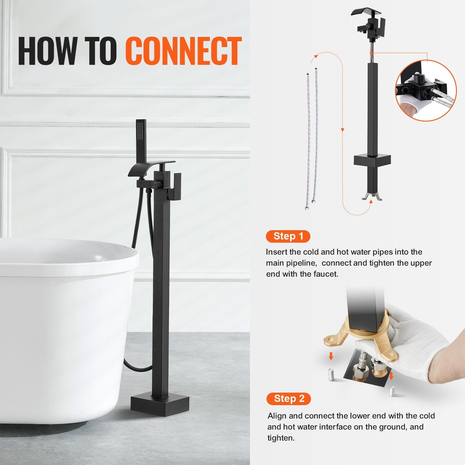 VEVOR Freestanding Bathtub Faucet, Floor Mount, Freestanding Tub Filler, Shower Mixer Taps, Two Water Modes, 360° Swivel Spout, for Bathing & Showering Pet Bathing Cleaning Drains Toilet Flushing 