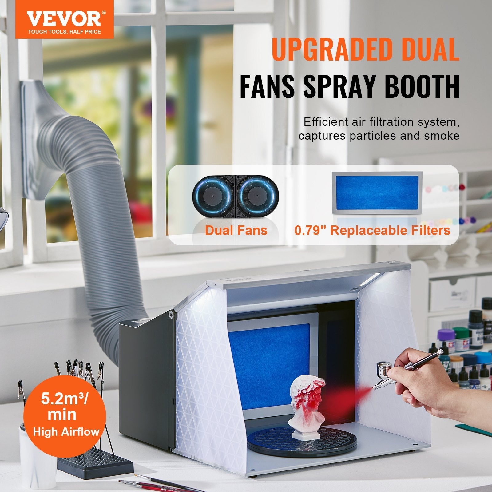 VEVOR Airbrush Spray Booth, Portable Hobby Airbrush Paint Spray Booth Kit with 4 LED Light, Powerful Dual Exhaust Fans, Turntable and 6 ft Extension Hose, for Painting Models, Arts, Crafts, Cakes 