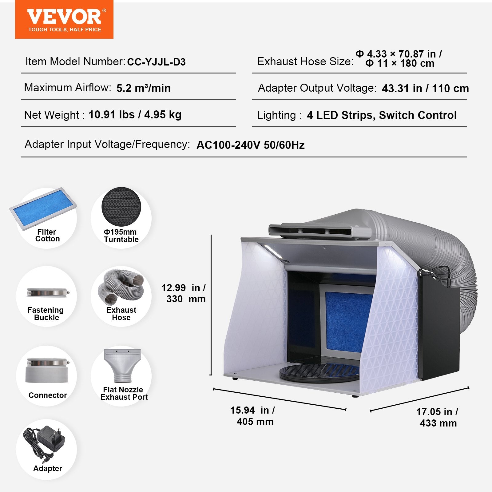 VEVOR Airbrush Spray Booth, Portable Hobby Airbrush Paint Spray Booth Kit with 4 LED Light, Powerful Dual Exhaust Fans, Turntable and 6 ft Extension Hose, for Painting Models, Arts, Crafts, Cakes 