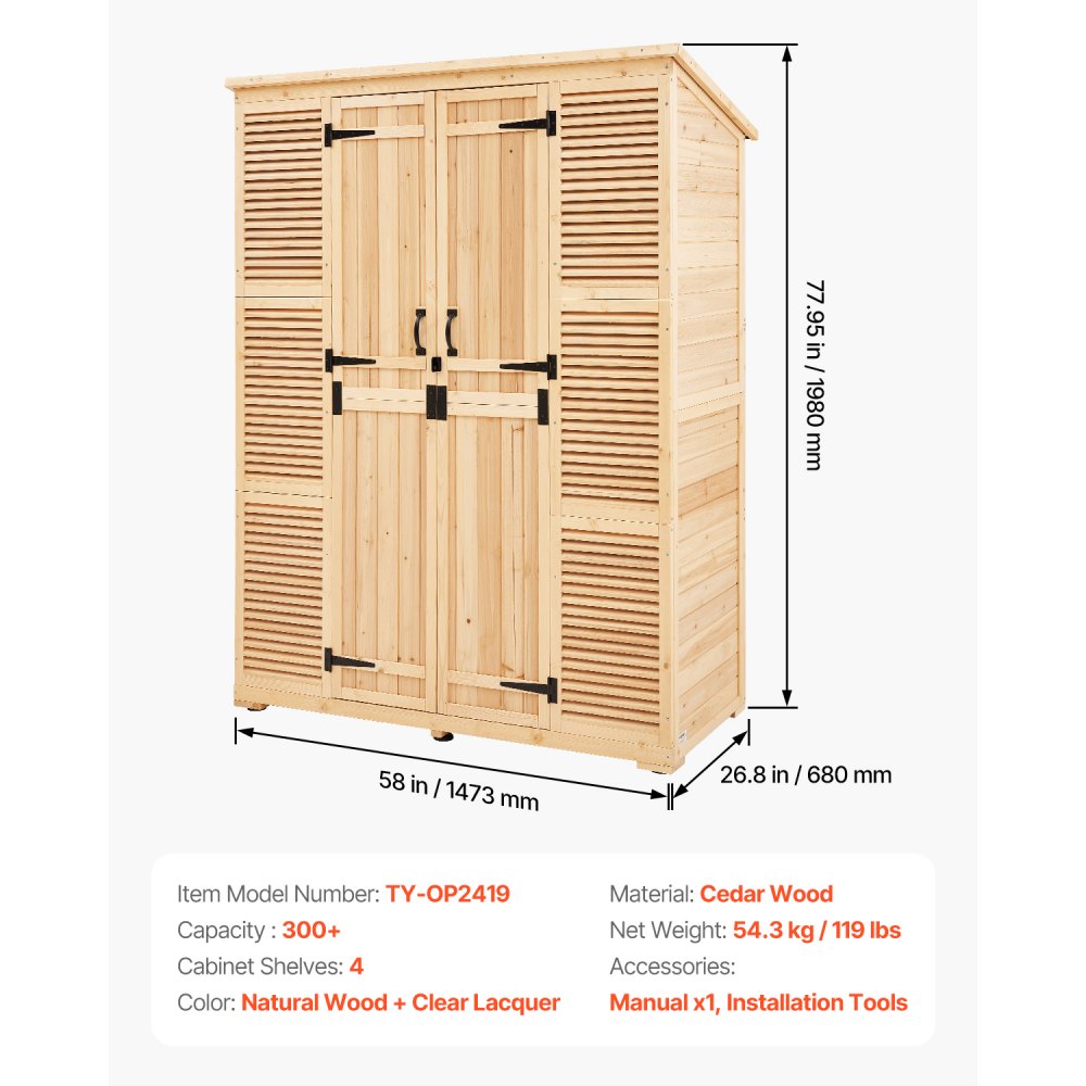 VEVOR Outdoor Wooden Storage Shed Waterproof Garden Tool Shed 58x78 inch 
