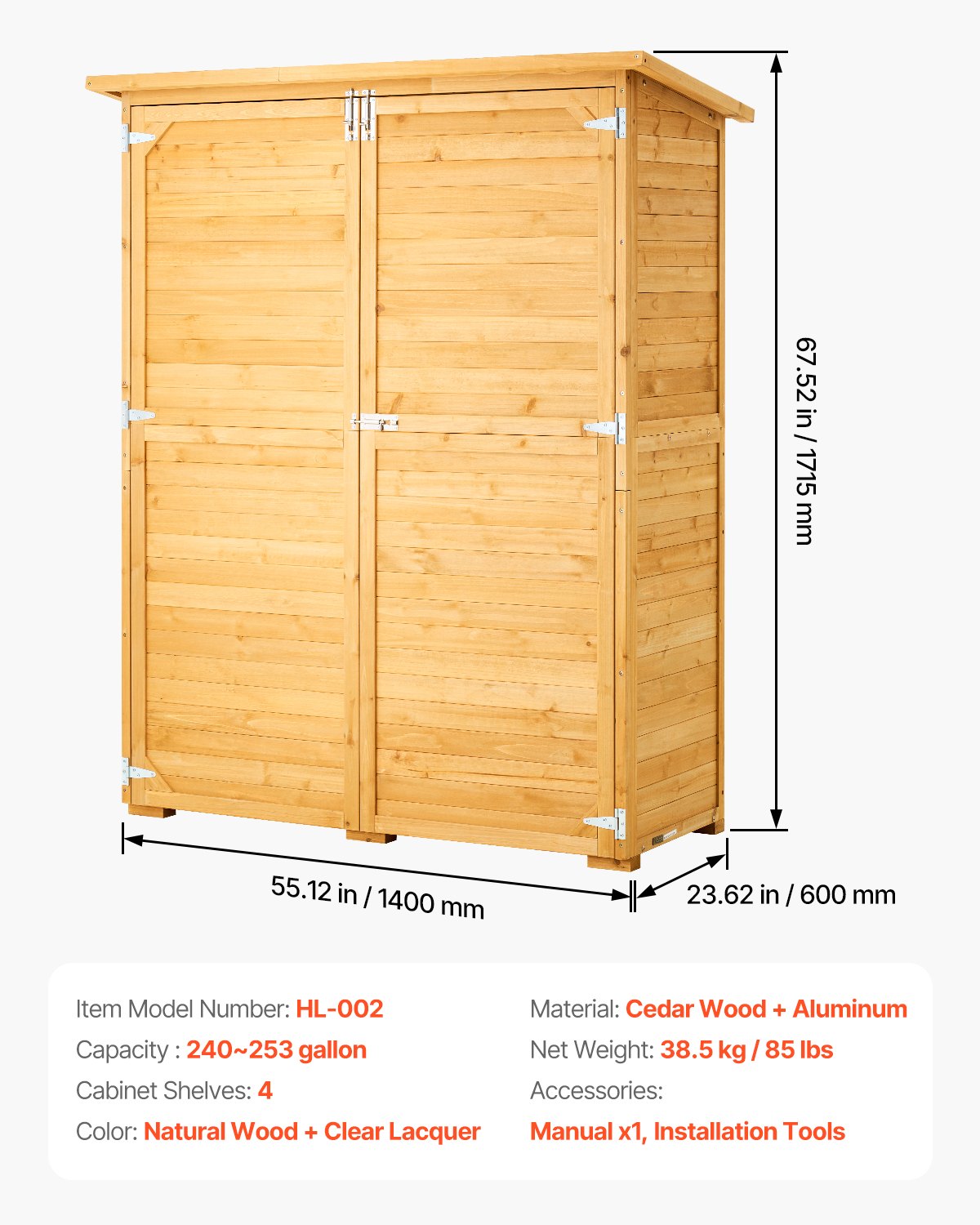 VEVOR Outdoor Wooden Storage Shed Waterproof Garden Tool Shed 55x67.5 inch 