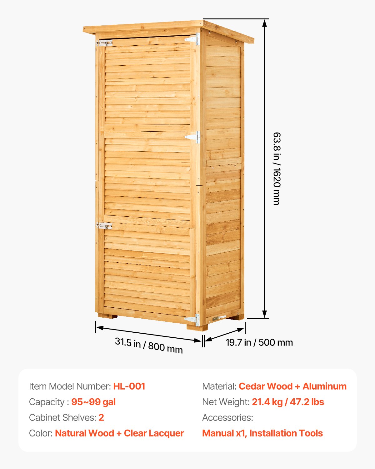 VEVOR Outdoor Wooden Storage Shed Waterproof Garden Tool Shed 31.5x63.8 inch 