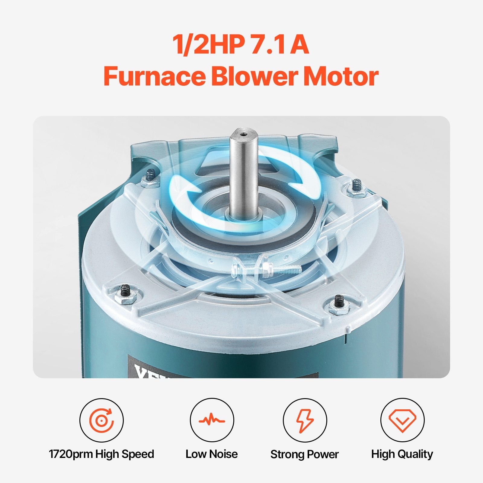 VEVOR 1/2HP Furnace Blower Motor 1720RPM 115V 7.1A 1-Phase 0.78" Shaft Length 