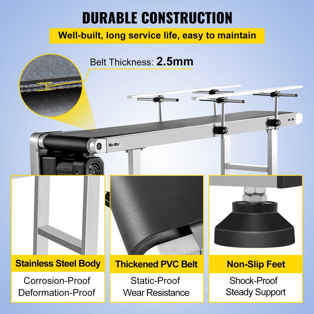 VEVOR Belt Conveyor Length 47-Inch, PVC Conveyor Belt Width 7.8-Inch, Motorized Conveyor Industrial Transport Conveyor, w/ Double Guardrails Anti-static Adjustable Conveyor Table Electric Handling 