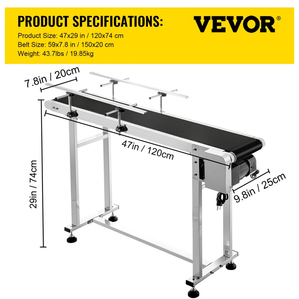 VEVOR Belt Conveyor Length 47-Inch, PVC Conveyor Belt Width 7.8-Inch, Motorized Conveyor Industrial Transport Conveyor, w/ Double Guardrails Anti-static Adjustable Conveyor Table Electric Handling 