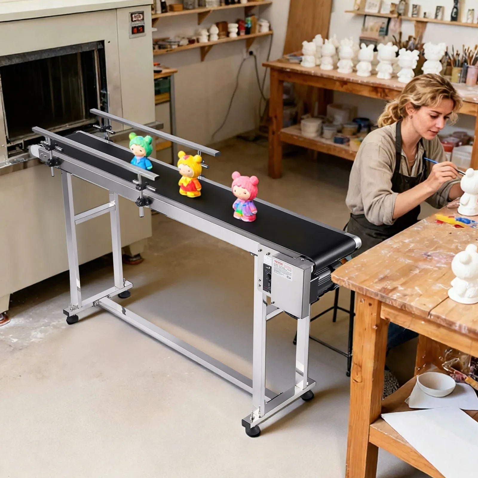 VEVOR Belt Conveyor, 59 x 7.8 inch Conveyor Table, Heavy Duty Stainless Steel Motorized Belt Conveyor for Inkjet Coding Applications Powered PVC Belt Anti-Static Adjustable Speed (Double Guardrail)