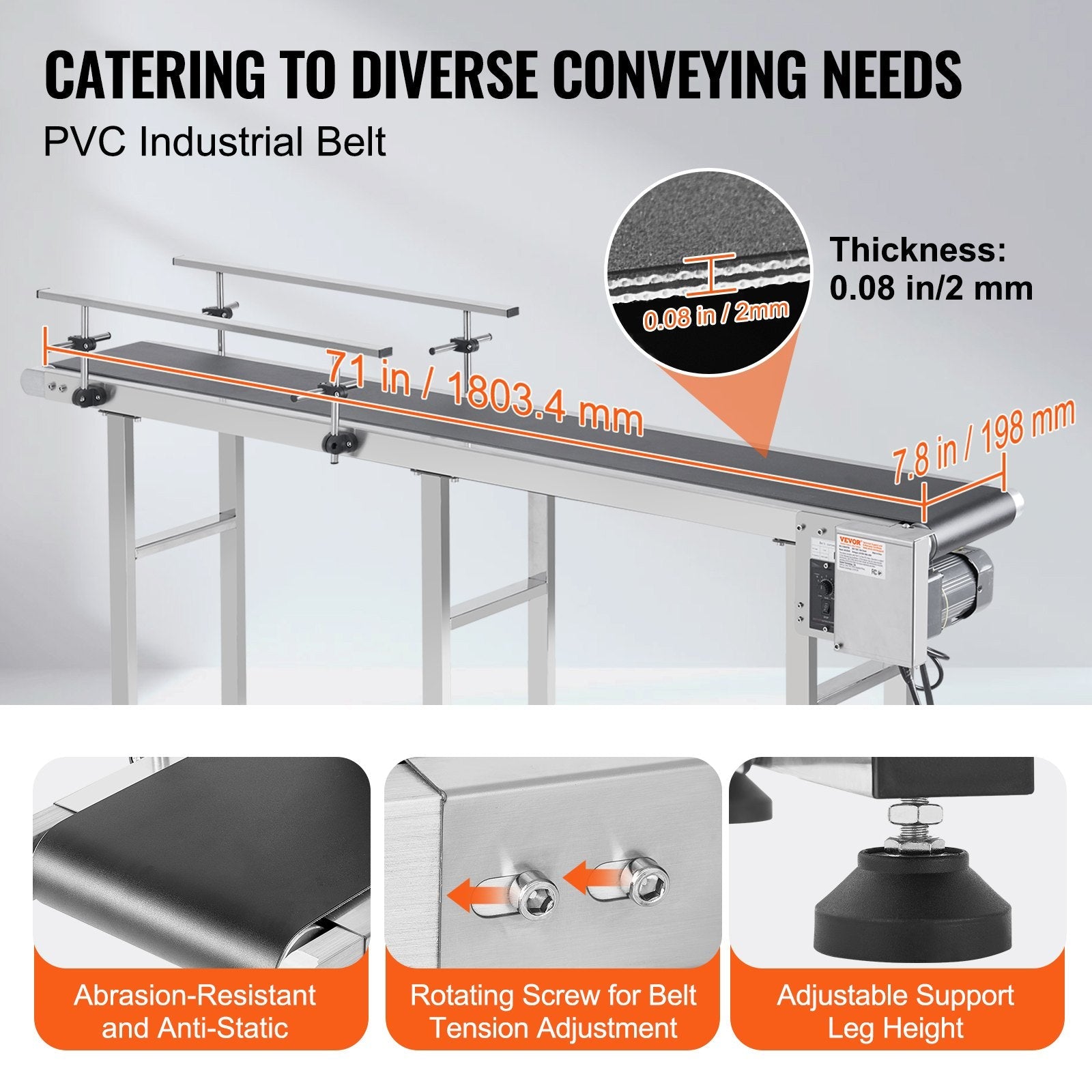 VEVOR Belt Conveyor, 71 x 7.8 inch Conveyor Table, Heavy Duty Stainless Steel Motorized Belt Conveyor for Inkjet Coding Applications Powered PVC Belt Anti-Static Adjustable Speed (Double Guardrail) 