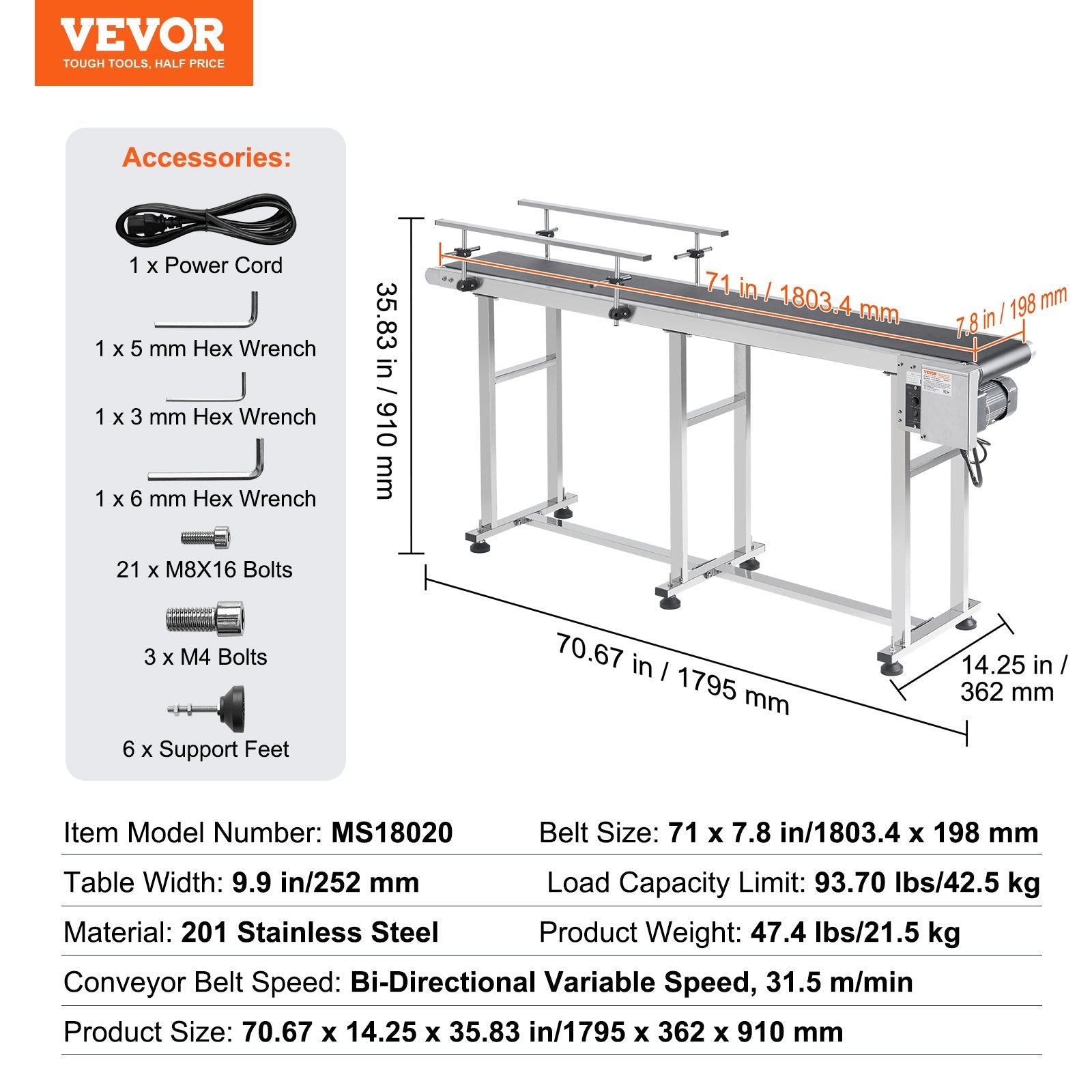 VEVOR Belt Conveyor, 71 x 7.8 inch Conveyor Table, Heavy Duty Stainless Steel Motorized Belt Conveyor for Inkjet Coding Applications Powered PVC Belt Anti-Static Adjustable Speed (Double Guardrail) 