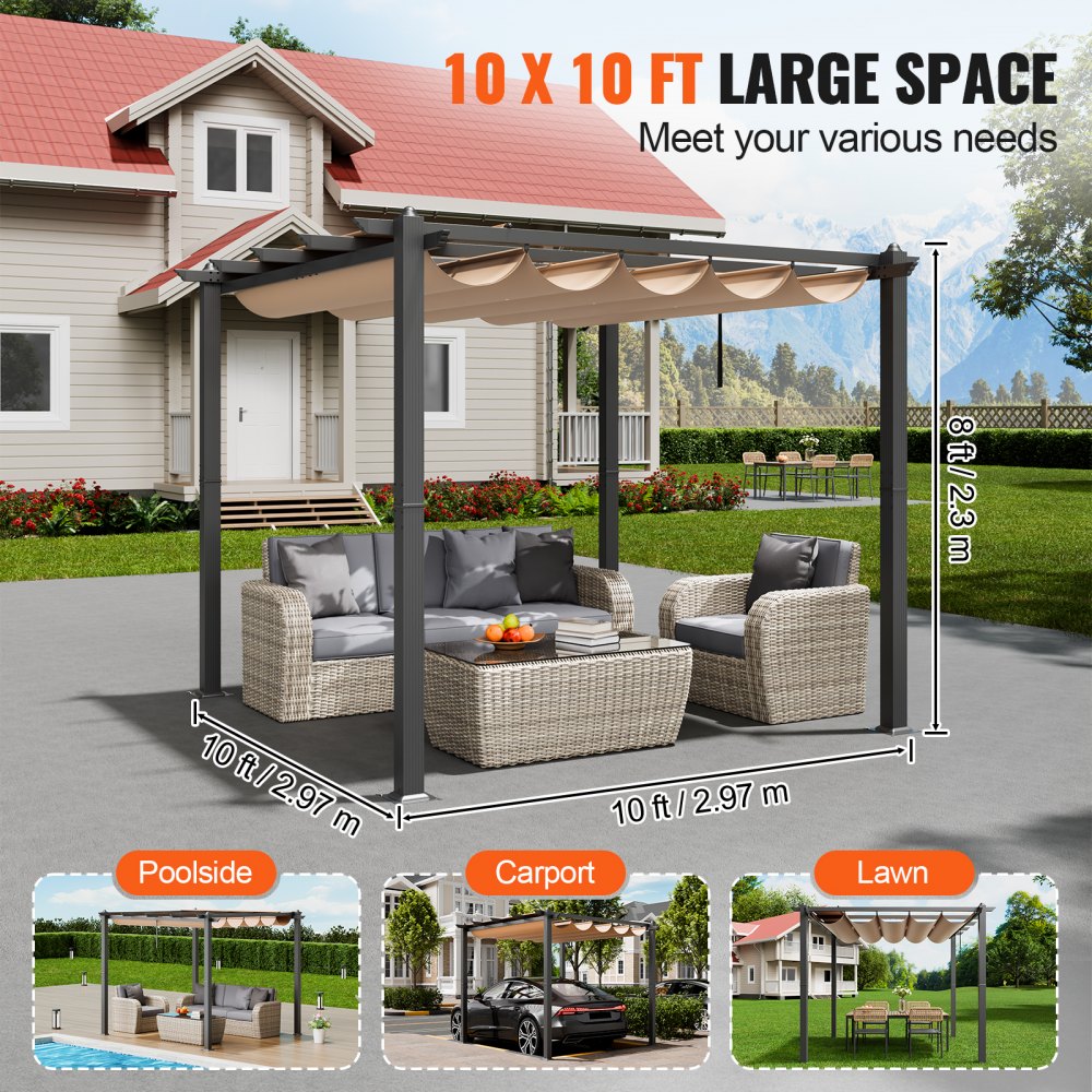 VEVOR 10'x10' Outdoor Retractable Pergola with Sun Shade Canopy Aluminum Beige 