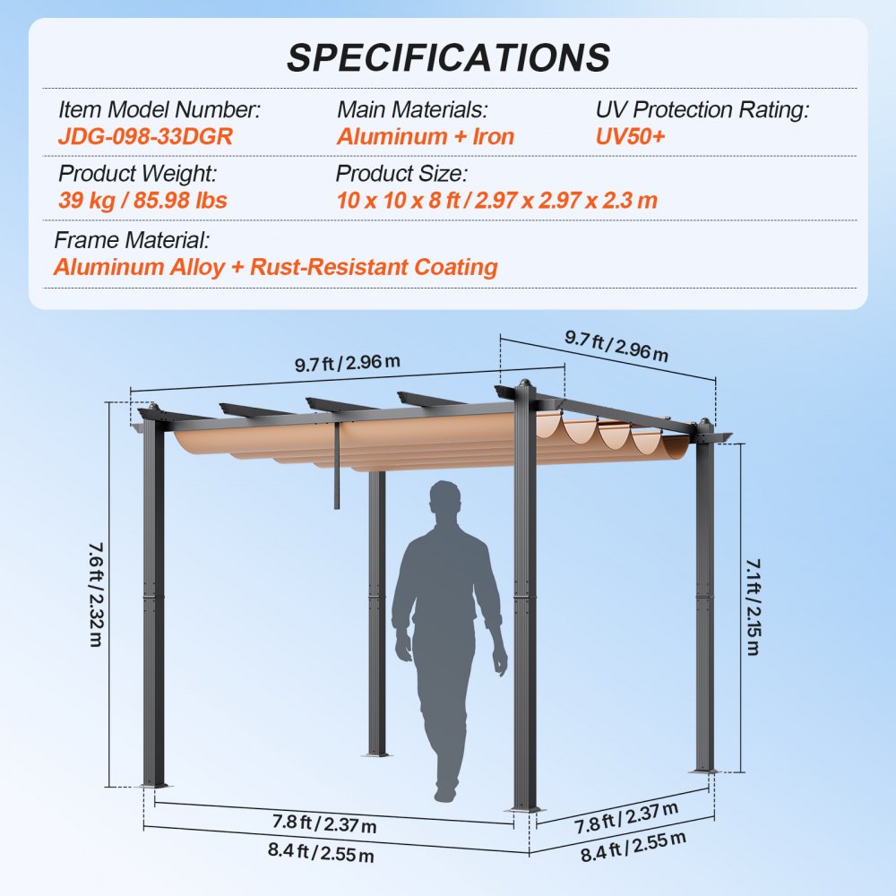 VEVOR 10'x10' Outdoor Retractable Pergola with Sun Shade Canopy Aluminum Beige 