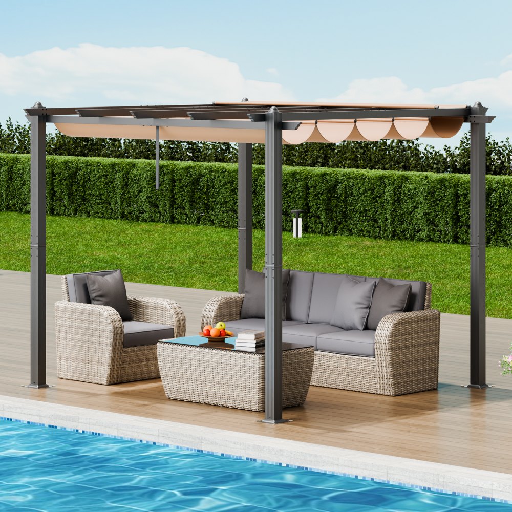 VEVOR 10'x10' Outdoor Retractable Pergola with Sun Shade Canopy Aluminum Beige 