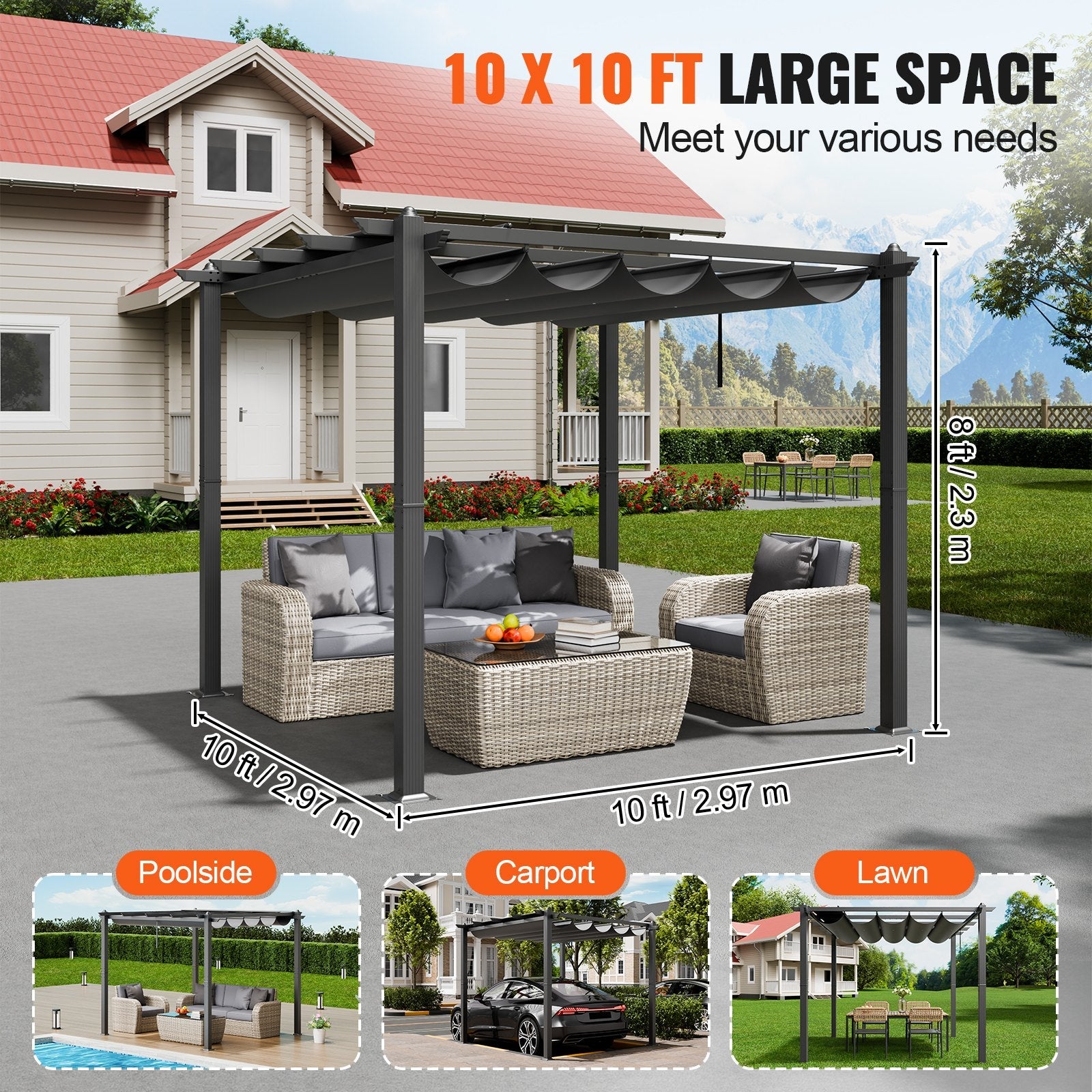 VEVOR 10'x10' Outdoor Retractable Pergola with Sun Shade Canopy Aluminum Gray 