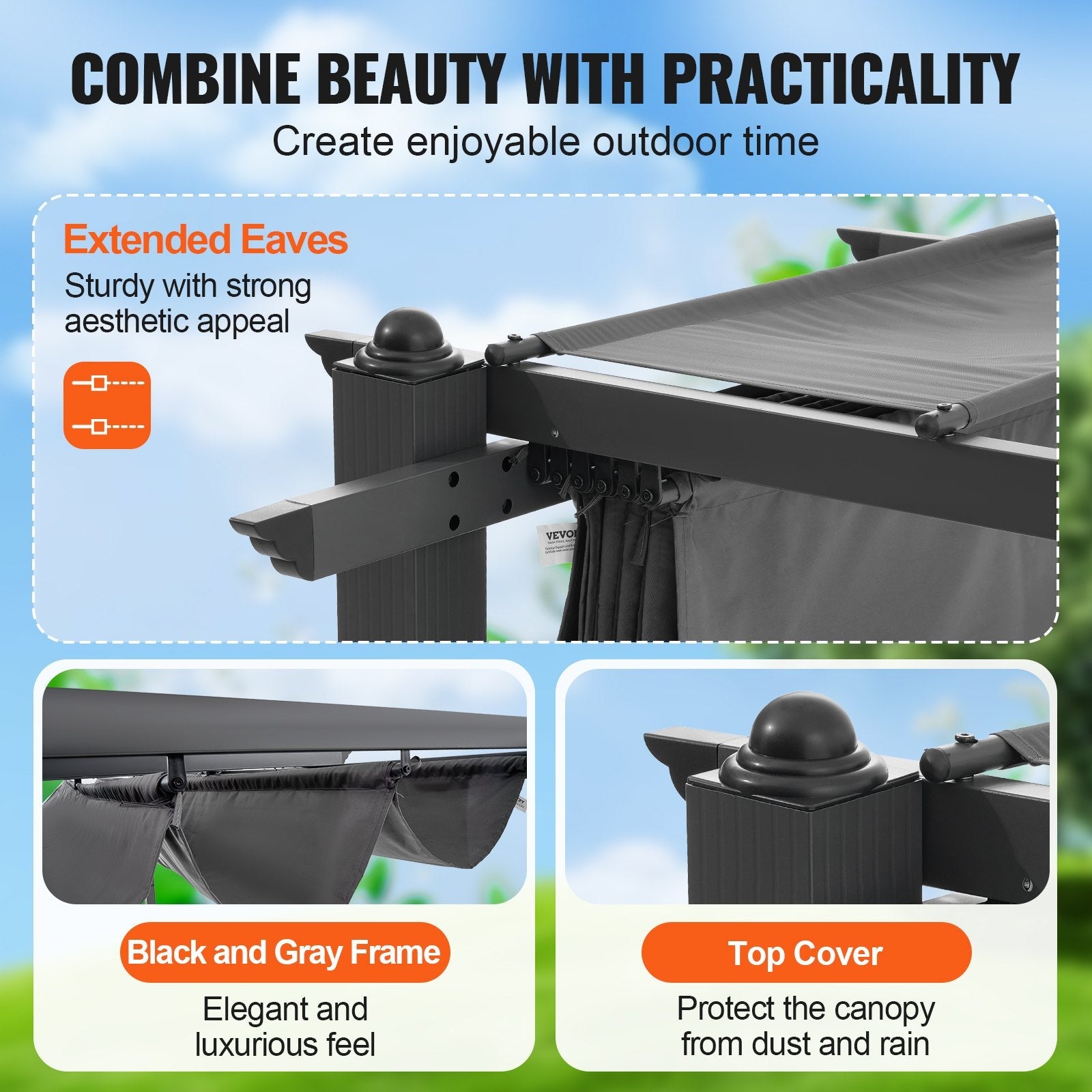 VEVOR 10'x10' Outdoor Retractable Pergola with Sun Shade Canopy Aluminum Gray 