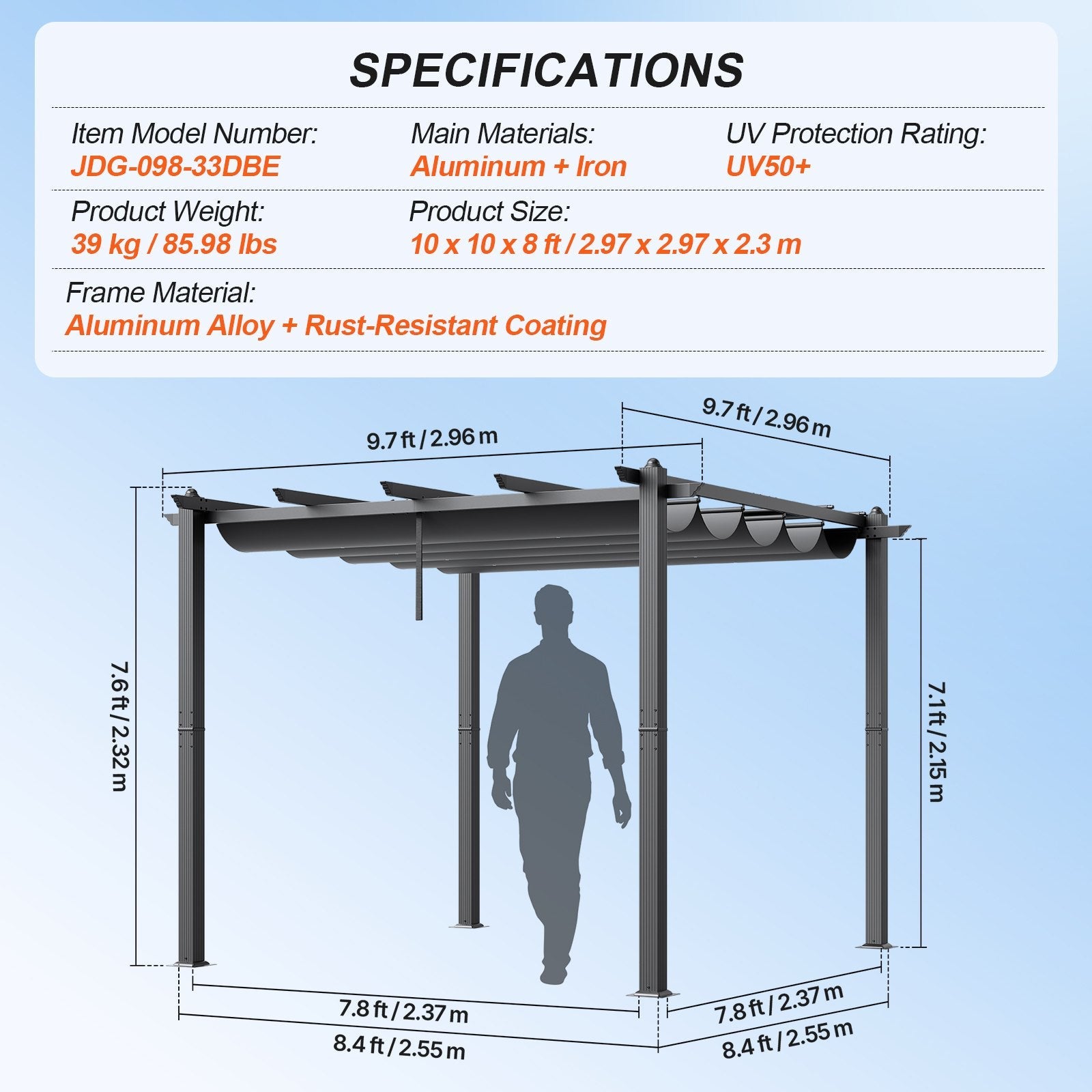 VEVOR 10'x10' Outdoor Retractable Pergola with Sun Shade Canopy Aluminum Gray 