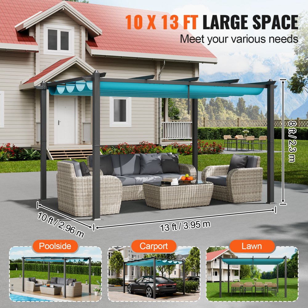 VEVOR 10'x13' Outdoor Retractable Pergola with Sun Shade Canopy Aluminum Bule 