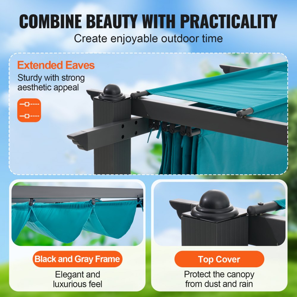 VEVOR 10'x13' Outdoor Retractable Pergola with Sun Shade Canopy Aluminum Bule 