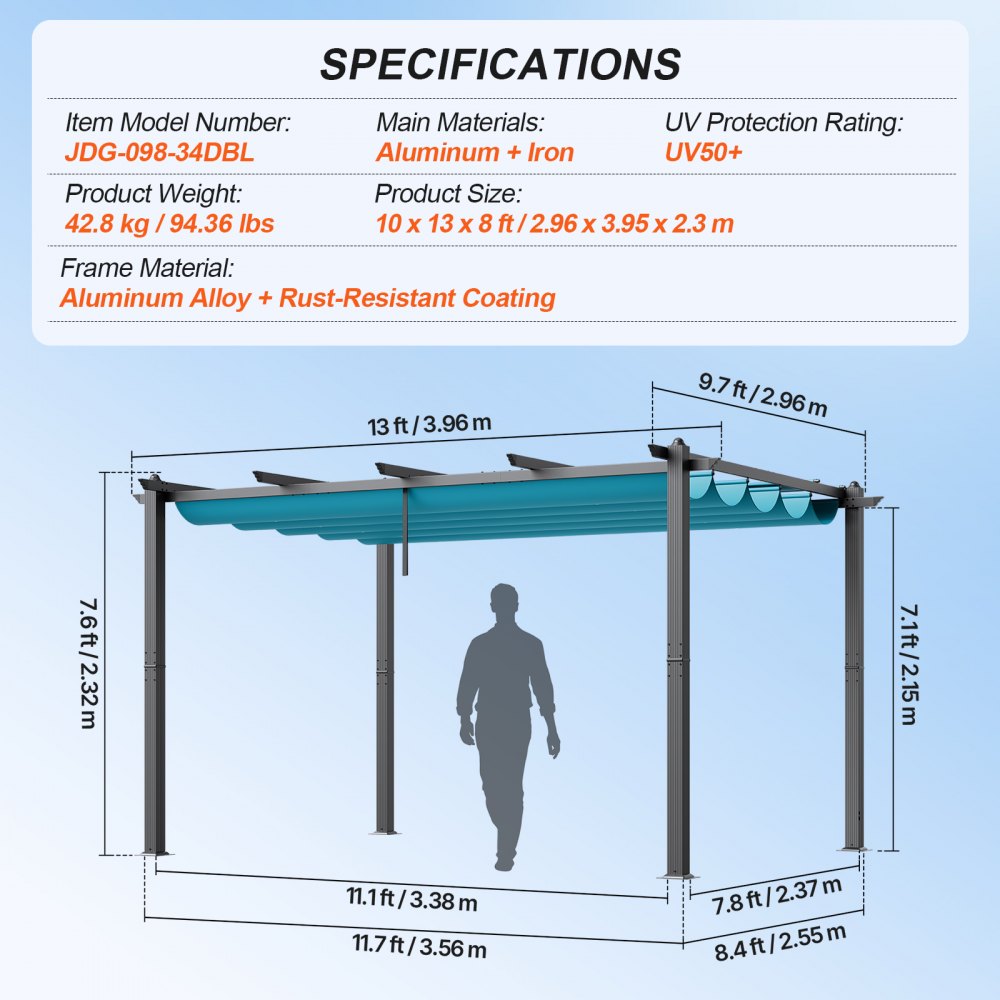 VEVOR 10'x13' Outdoor Retractable Pergola with Sun Shade Canopy Aluminum Bule 