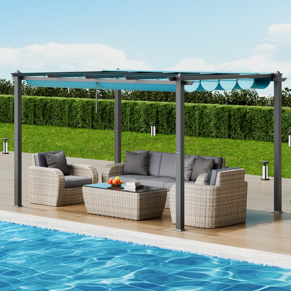 VEVOR 10'x13' Outdoor Retractable Pergola with Sun Shade Canopy Aluminum Bule 