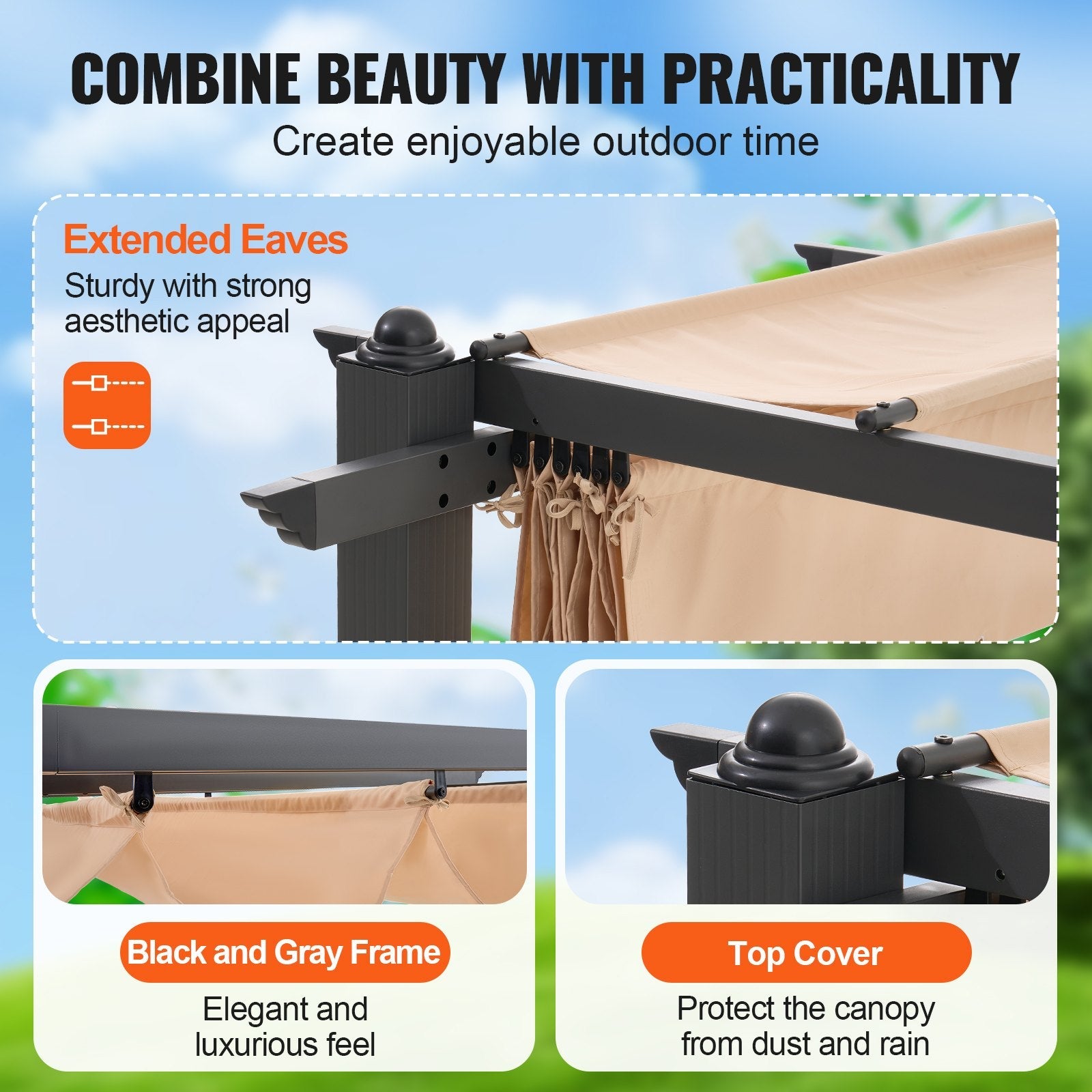 VEVOR 10'x13' Outdoor Retractable Pergola with Sun Shade Canopy Aluminum Beige 