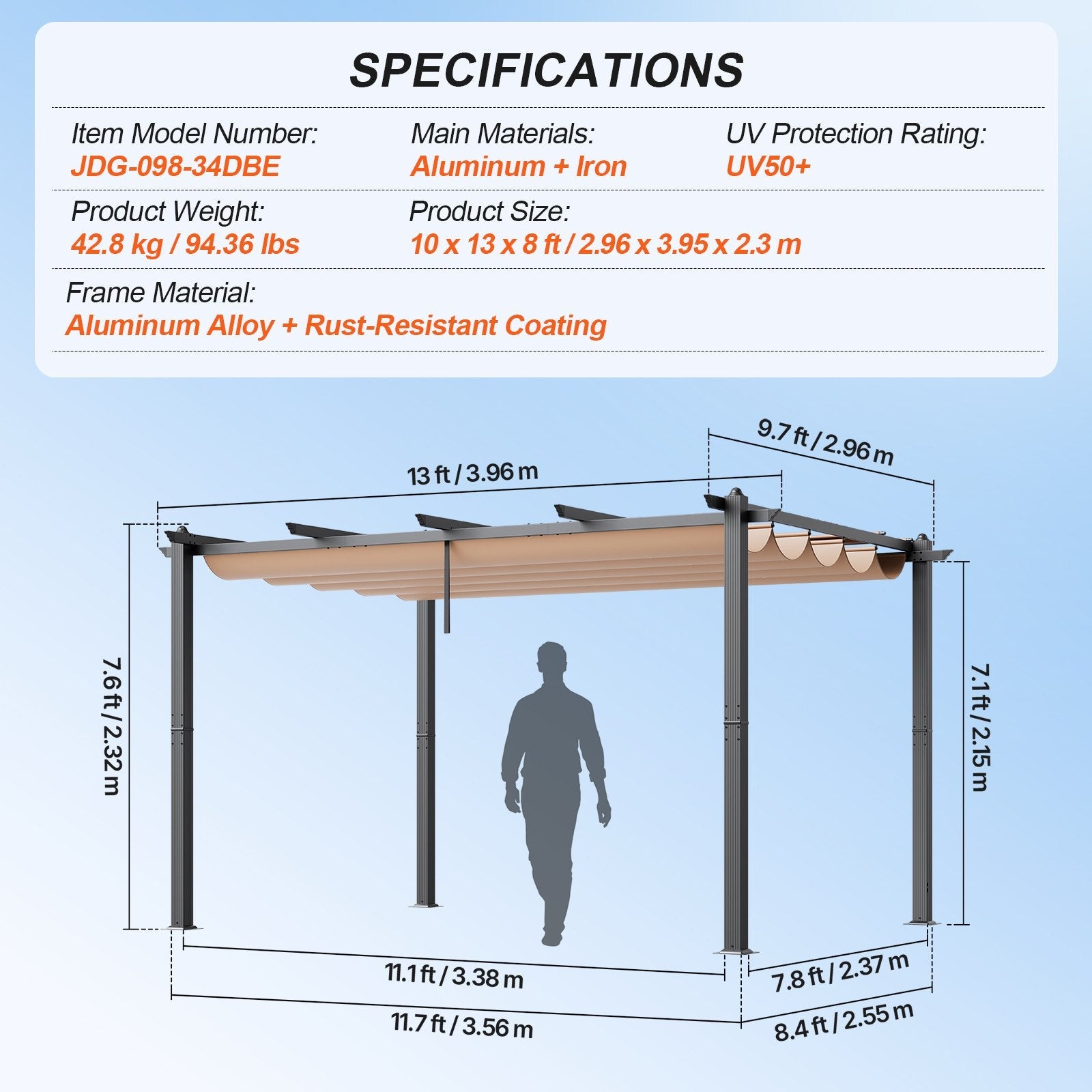 VEVOR 10'x13' Outdoor Retractable Pergola with Sun Shade Canopy Aluminum Beige 