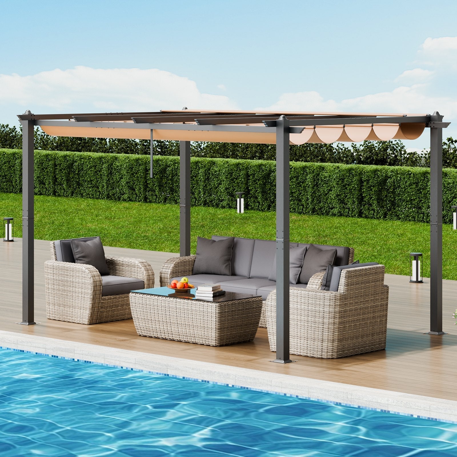 VEVOR 10'x13' Outdoor Retractable Pergola with Sun Shade Canopy Aluminum Beige 