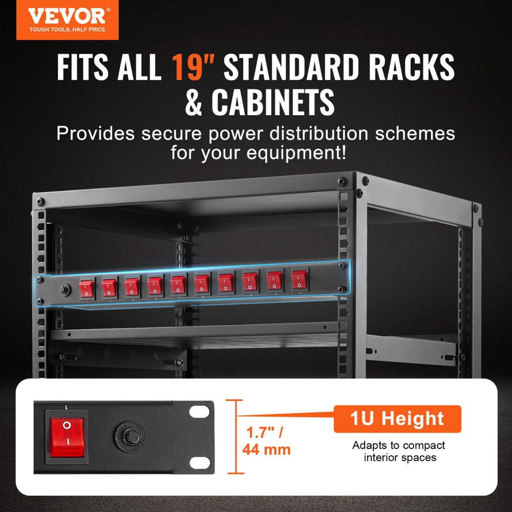 VEVOR 19" 1U PDU 10 Outlets Rack Mount Power Strip Surge  Overload Protection 