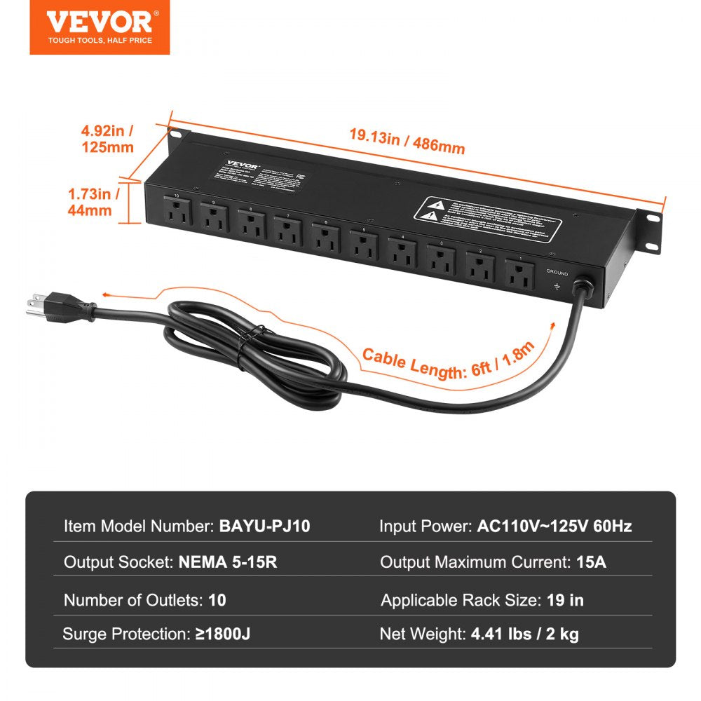 VEVOR 19" 1U PDU 10 Outlets Rack Mount Power Strip Surge  Overload Protection 