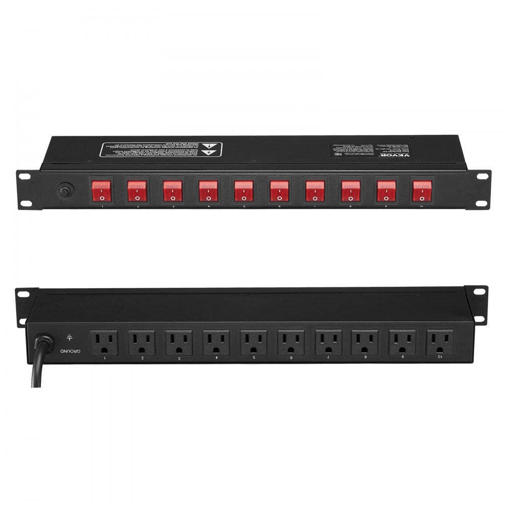 VEVOR 19" 1U PDU 10 Outlets Rack Mount Power Strip Surge  Overload Protection 