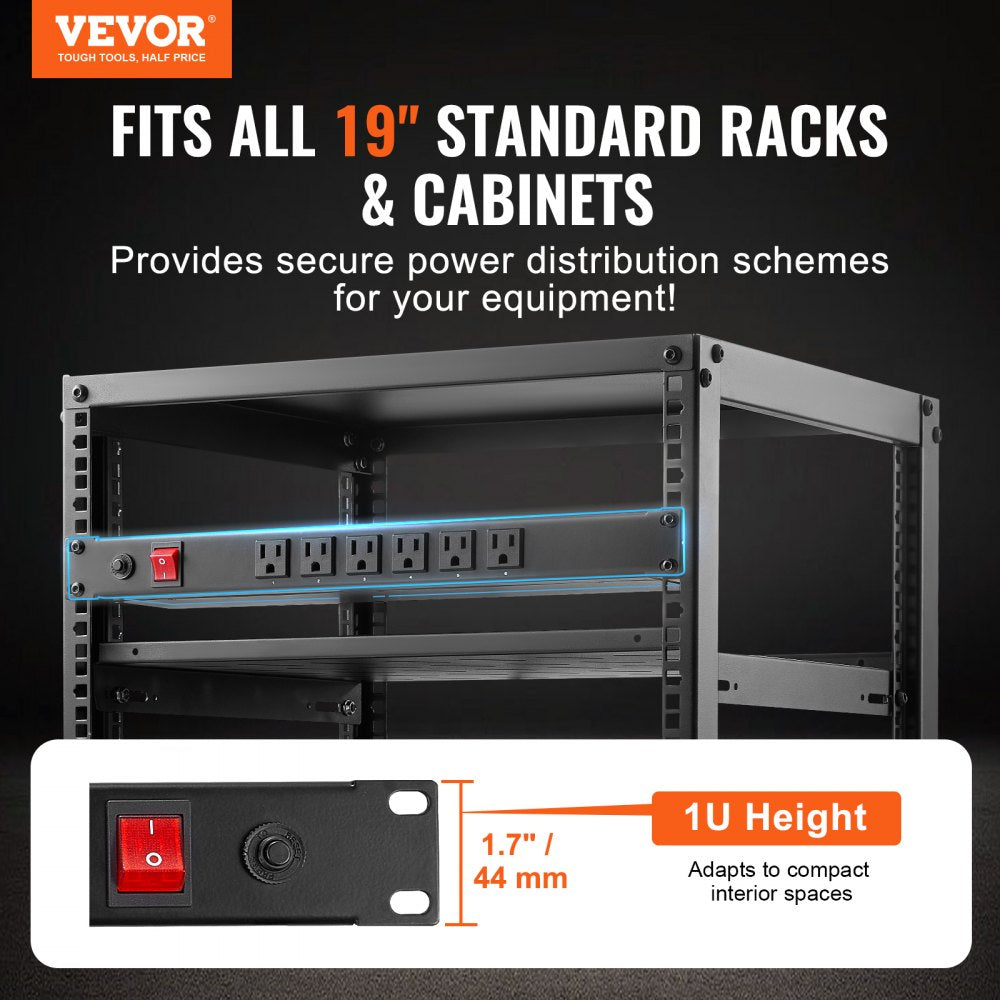 VEVOR 19" 1U PDU 12 Outlets Rack Mount Power Strip Surge Overload Protection 