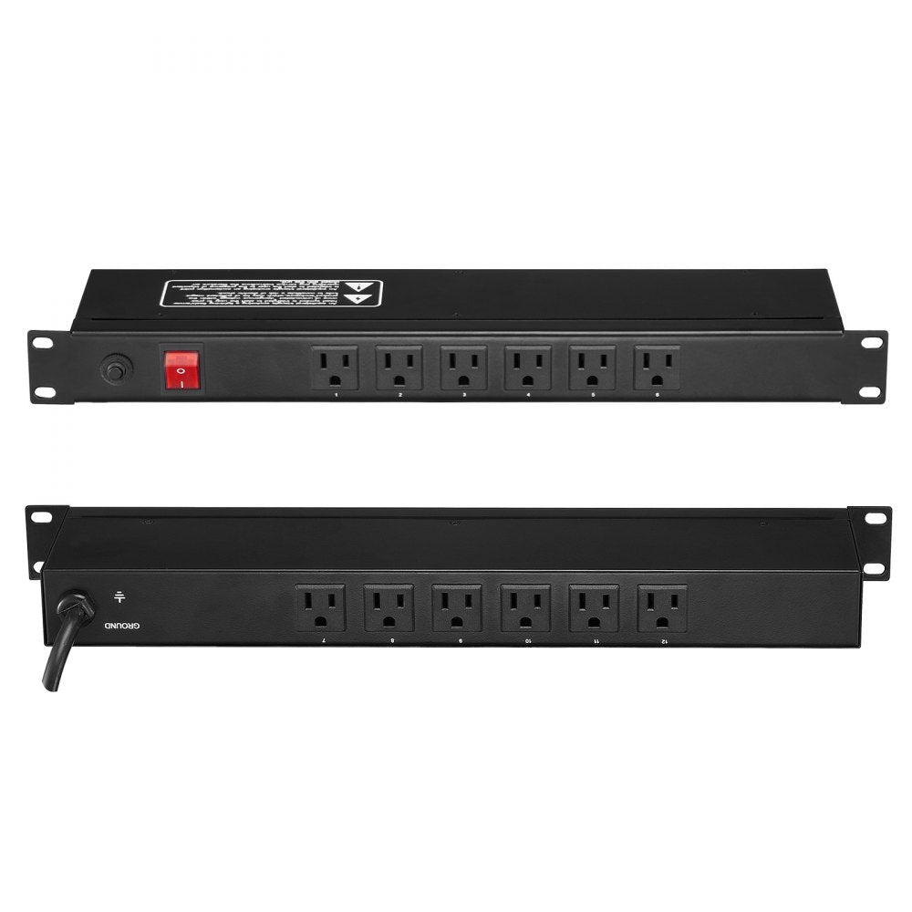 VEVOR 19" 1U PDU 12 Outlets Rack Mount Power Strip Surge Overload Protection 