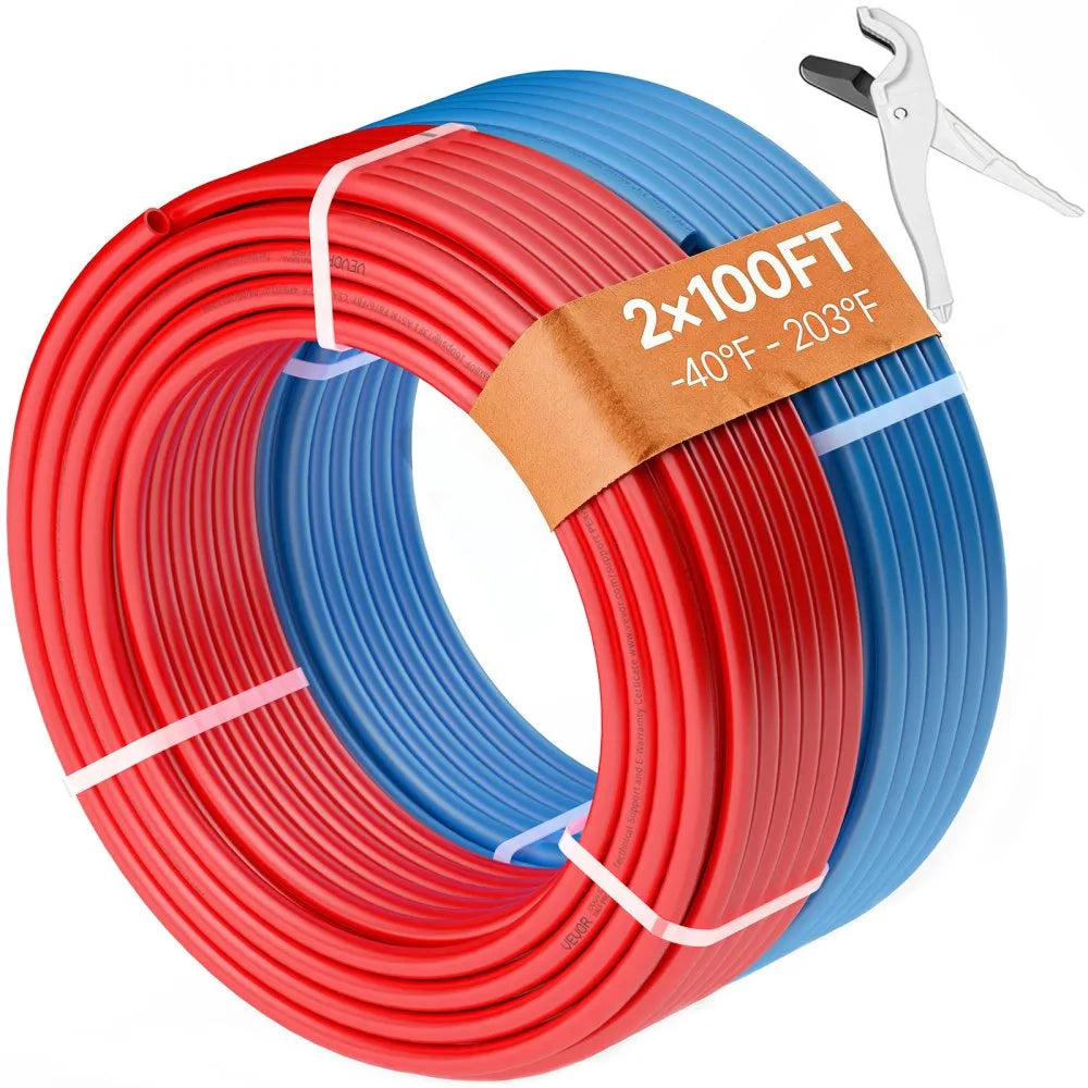 1/2-Inch PEX-A Plumbing Tubing – 2 × 100 ft Flexible Hot & Cold Water Pipes, Red & Blue, with Pipe Cutter