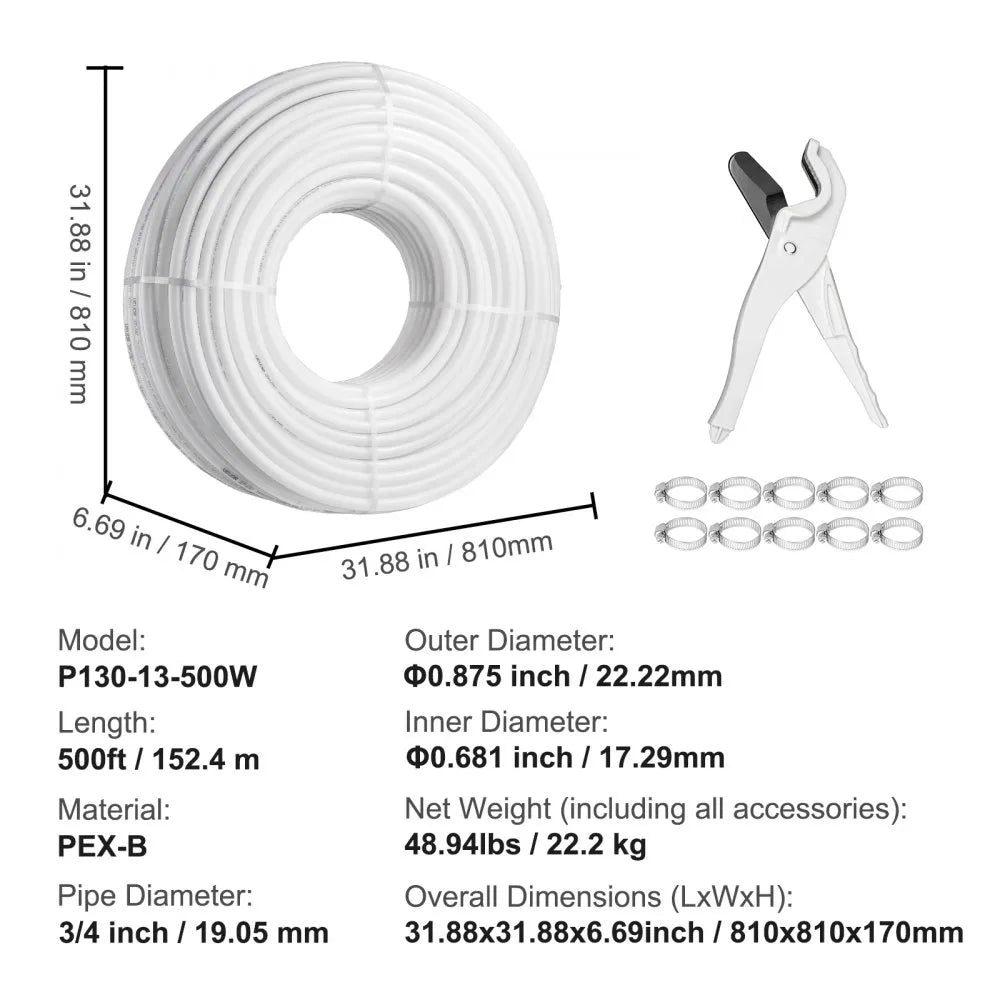 VEVOR PEX Pipe 3/4 Inch, 500 Feet Length PEX-B Flexible Pipe Tubing for Potable Water, Pex Water Lines for Hot/Cold Water & Easily Restore, Plumbing Applications with Free Cutter & Clamps ,White