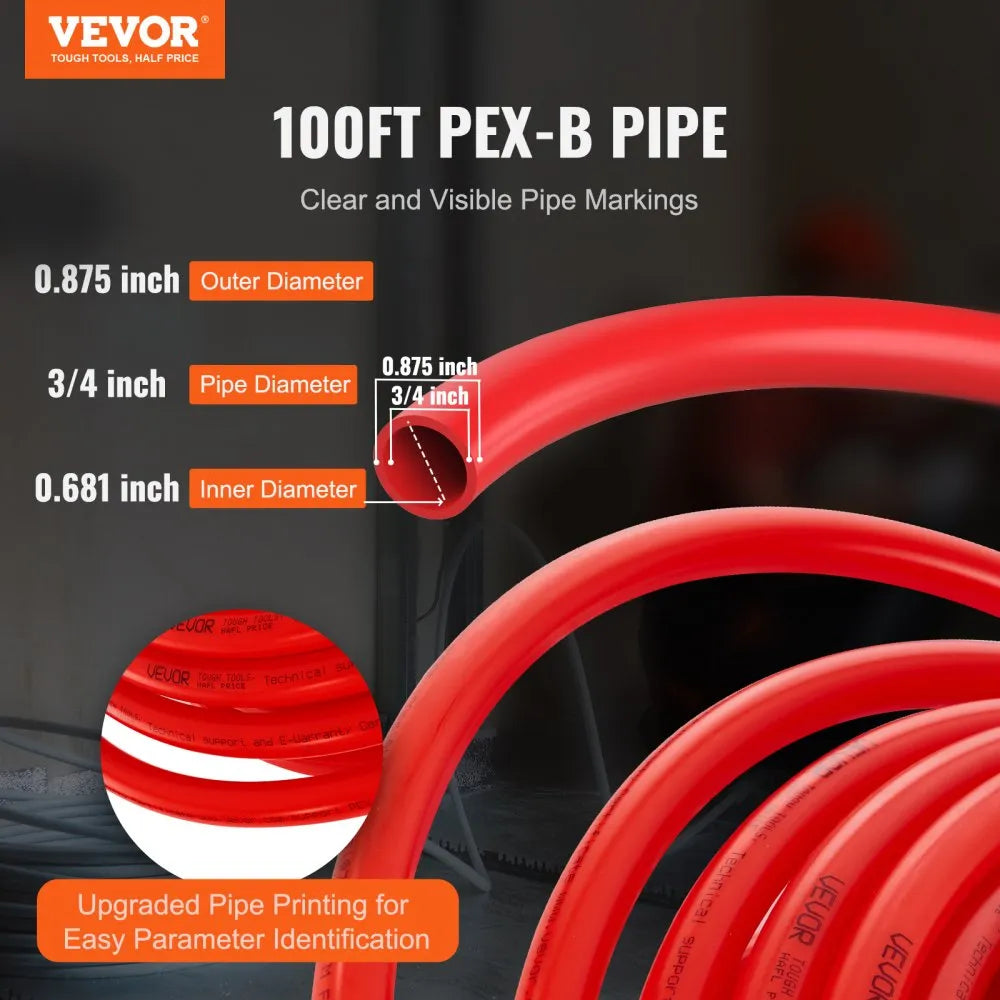 VEVOR PEX Pipe 3/4 Inch, 100 Feet Length PEX-B Flexible Pipe Tubing for Potable Water, Pex Water Lines for Hot/Cold Water & Easily Restore, Plumbing Applications with Free Cutter & Clamps ,Red