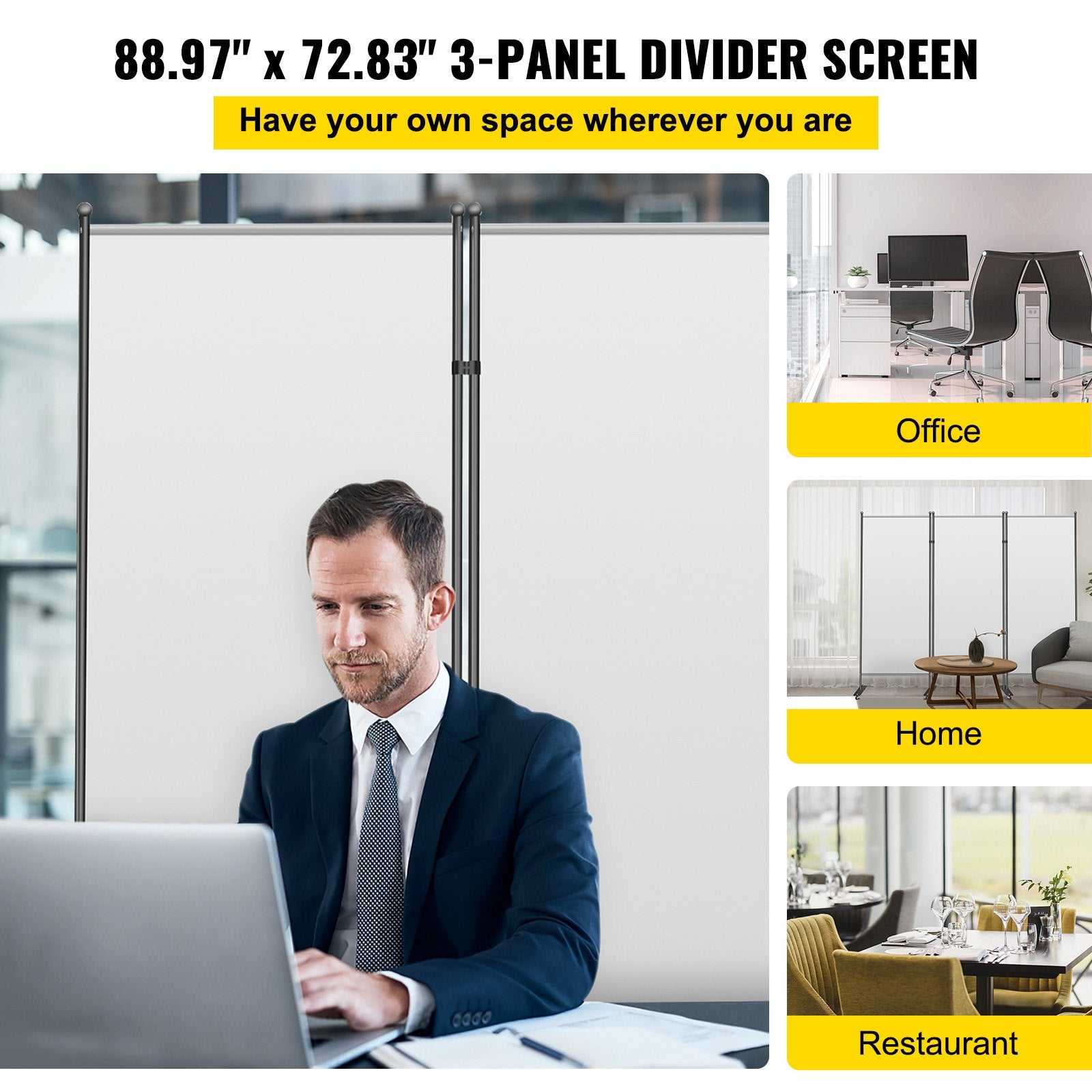VEVOR Office Partition 89" W x 14" D x 73" H Room Divider Wall 3-Panel Office Divider Folding Portable Office Walls Dividers with Non-See-Through Fabric Room Partition Gray for Room Office Restaurant 