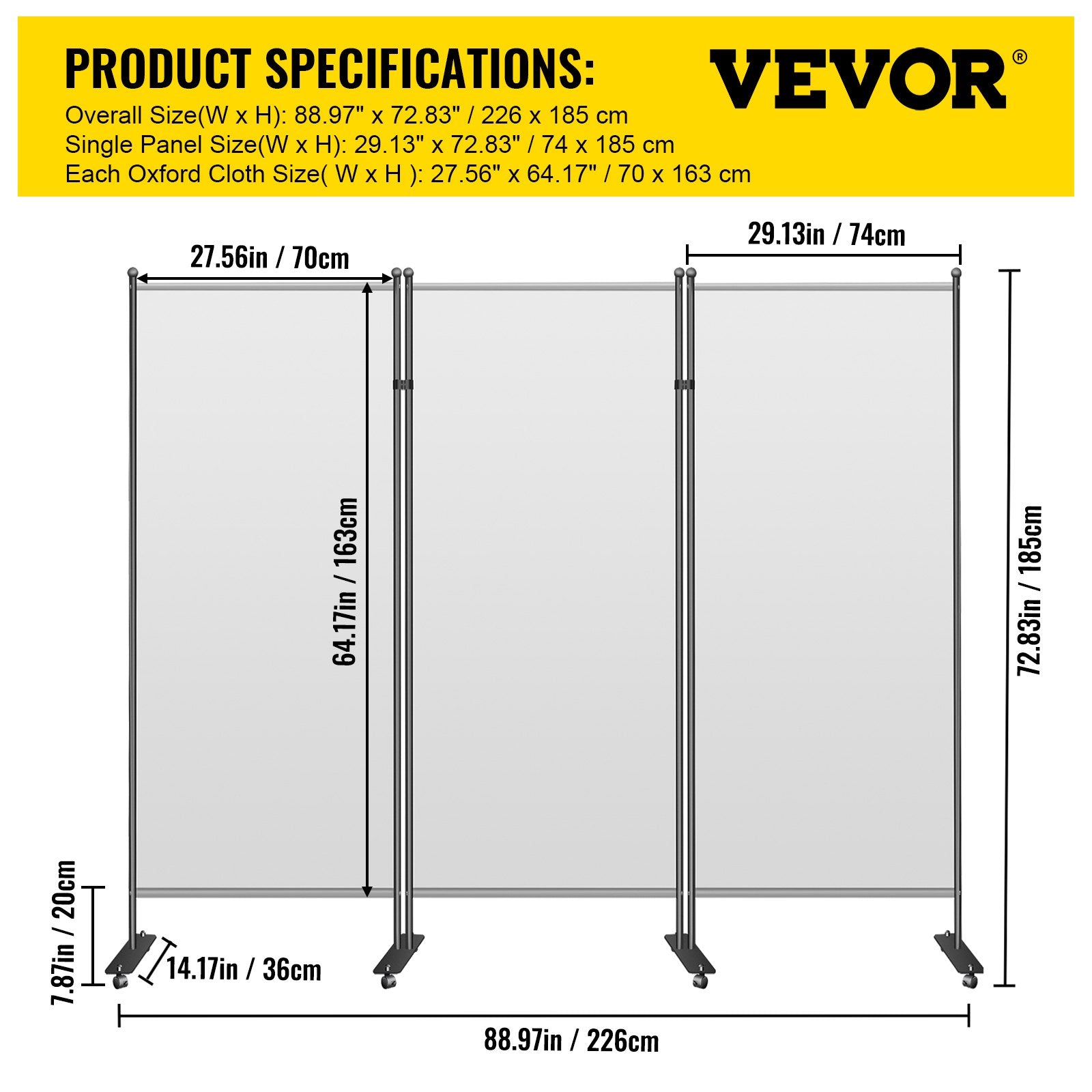 VEVOR Office Partition 89" W x 14" D x 73" H Room Divider Wall 3-Panel Office Divider Folding Portable Office Walls Dividers with Non-See-Through Fabric Room Partition Gray for Room Office Restaurant 