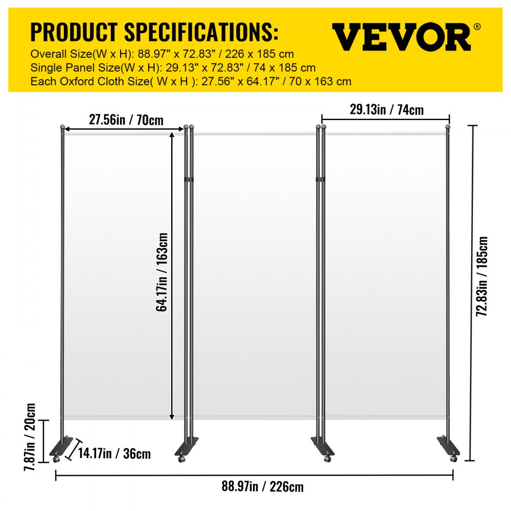 VEVOR Office Partition 102" W x 14" D x 71" H Room Divider Wall 3-Panel Office Divider Folding Portable Office Walls Divider with Non-See-Through Fabric Room Partition White for Room Office Restaurant 