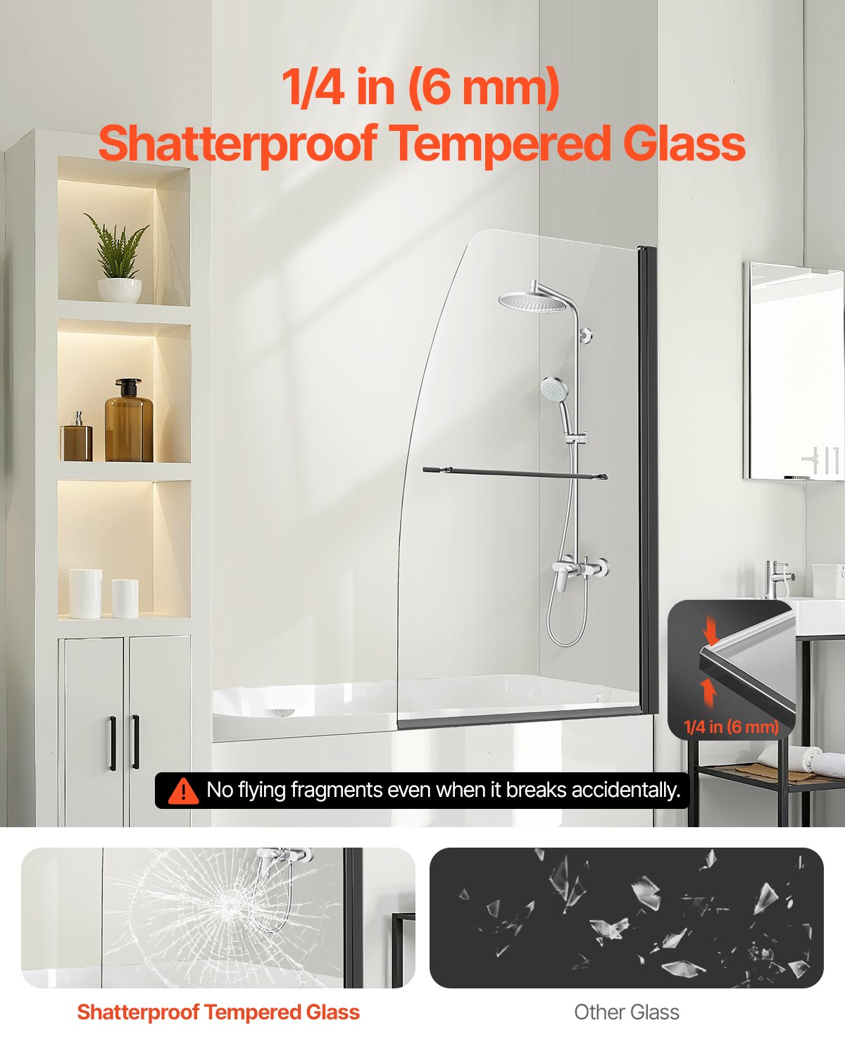 VEVOR Frameless Bathtub Shower Door 34 in. W x 55 in. H 180° Rotatable Door 