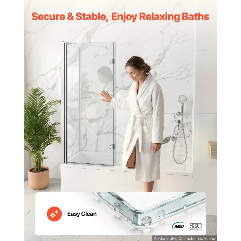 Semi-Frameless Bi-Fold Bathtub Shower Door 47" x 55" | 1/4" Tempered Glass with Nano Coating, Silver Finish