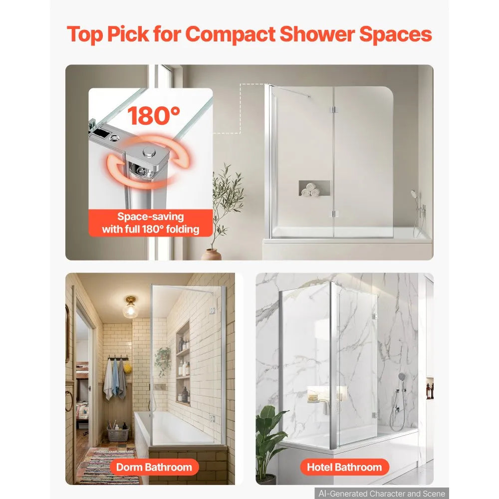 Semi-Frameless Bi-Fold Bathtub Shower Door 47" x 55" | 1/4" Tempered Glass with Nano Coating, Silver Finish