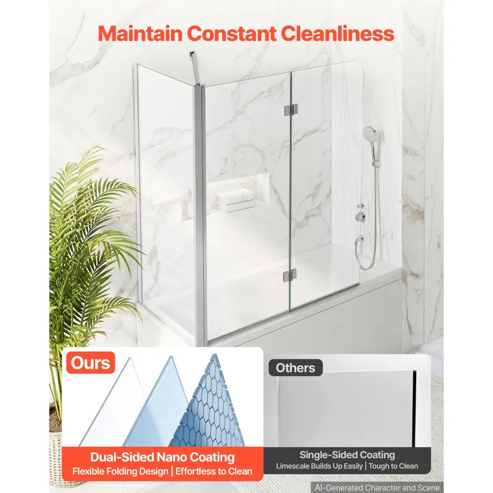 Semi-Frameless Bi-Fold Bathtub Shower Door 47" x 55" | 1/4" Tempered Glass with Nano Coating, Silver Finish