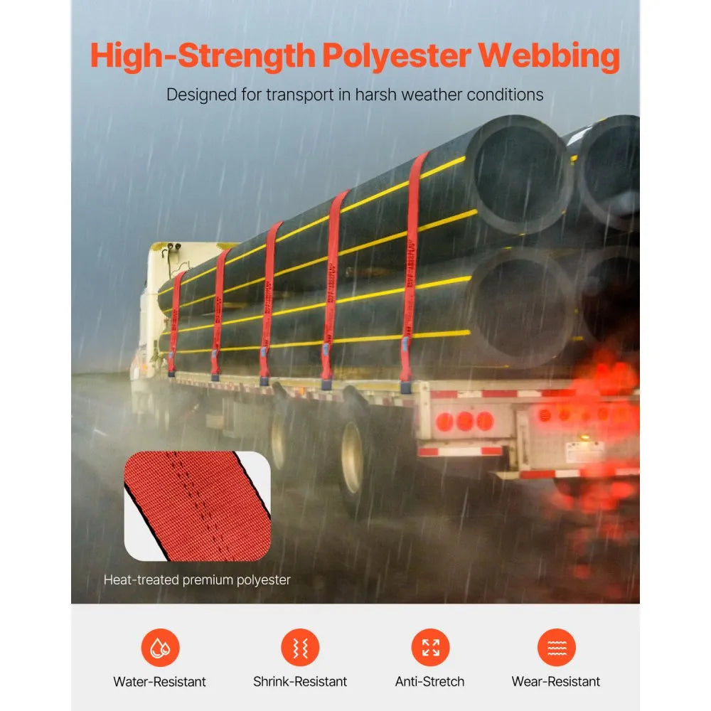 VEVOR Winch Straps, 4" x 30', 6000 lbs Load Capacity, 18000 lbs Breaking Strength, Truck Straps with Flat Hook, Flatbed Tie Downs Cargo Control for Trailers, Farms, Rescues, Tree Saver, Red (10 Pack)