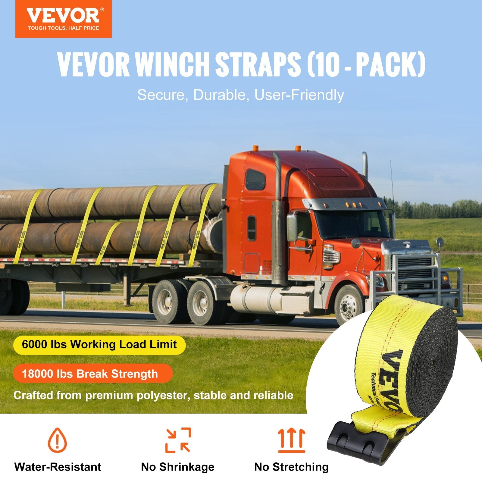 VEVOR Winch Straps, 4" x 40', 6000 lbs Load Capacity, 18000 lbs Break Strength, Truck Straps with Flat Hook, Flatbed Tie Downs Cargo Control for Trailers, Farms, Rescues, Tree Saver, Yellow (10 Pack) 