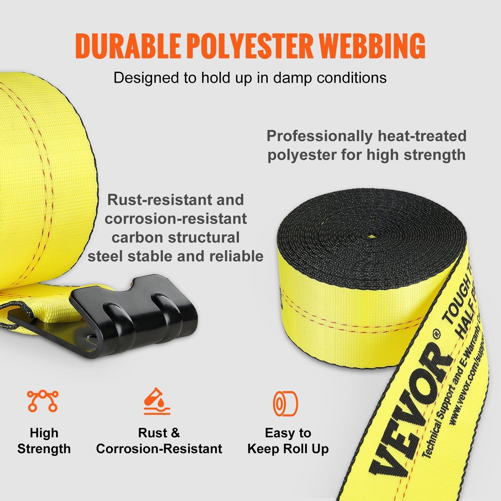 VEVOR Winch Straps, 4" x 40', 6000 lbs Load Capacity, 18000 lbs Break Strength, Truck Straps with Flat Hook, Flatbed Tie Downs Cargo Control for Trailers, Farms, Rescues, Tree Saver, Yellow (10 Pack) 