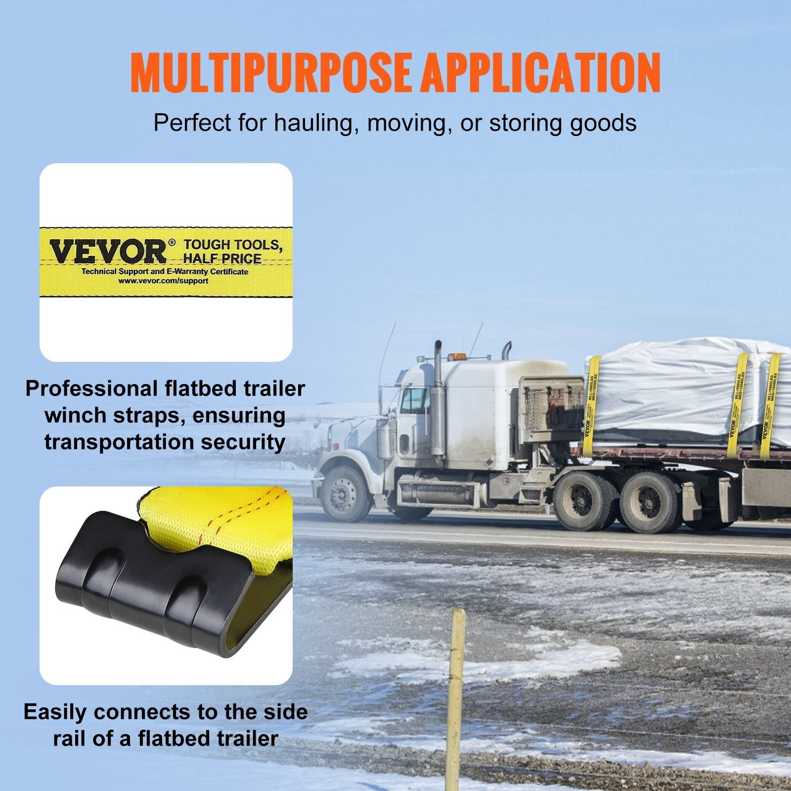 VEVOR Winch Straps, 4" x 40', 6000 lbs Load Capacity, 18000 lbs Break Strength, Truck Straps with Flat Hook, Flatbed Tie Downs Cargo Control for Trailers, Farms, Rescues, Tree Saver, Yellow (10 Pack) 