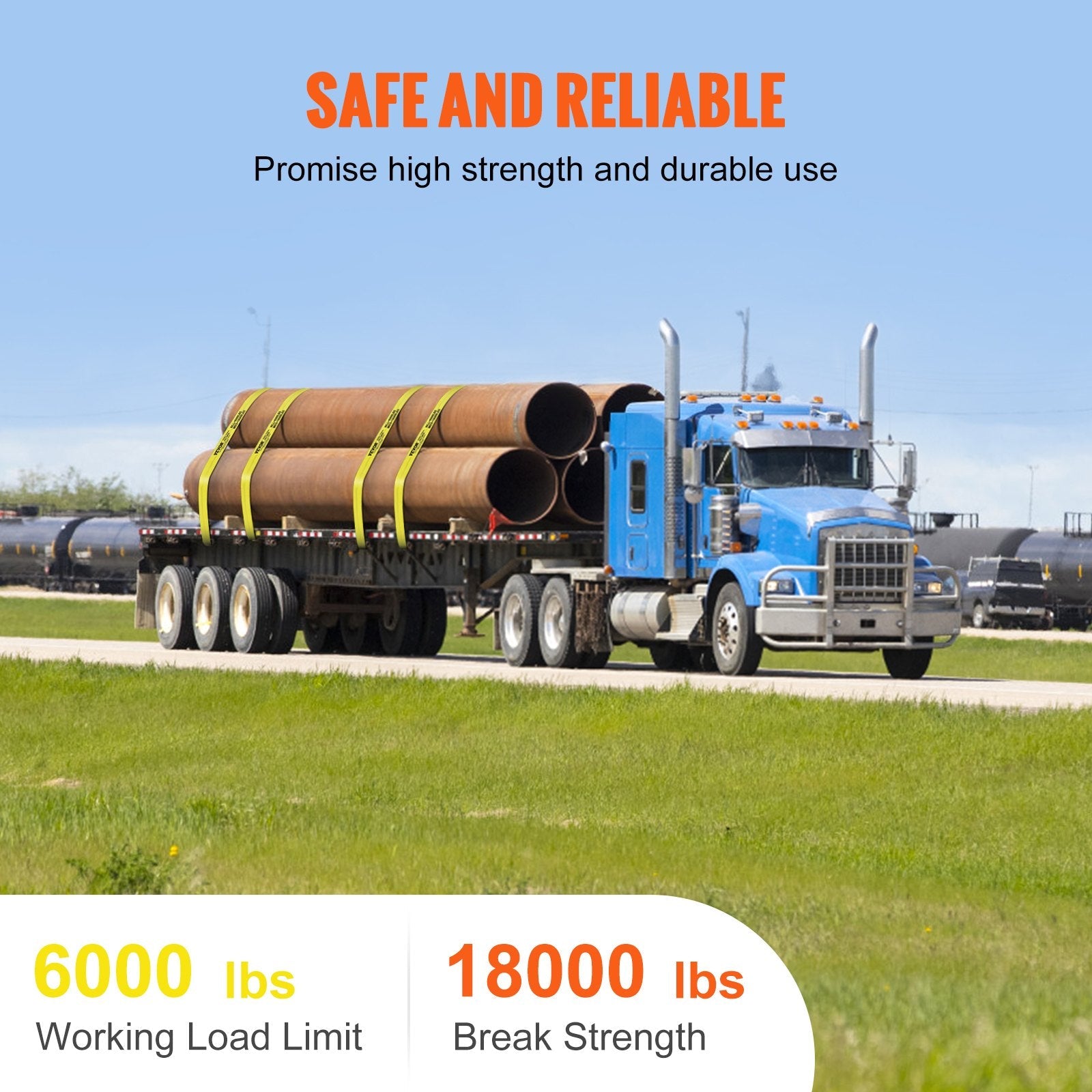 VEVOR Winch Straps, 4" x 40', 6000 lbs Load Capacity, 18000 lbs Break Strength, Truck Straps with Flat Hook, Flatbed Tie Downs Cargo Control for Trailers, Farms, Rescues, Tree Saver, Yellow (10 Pack) 