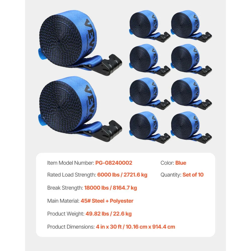 VEVOR Winch Straps, 4" x 30', 6000 lbs Load Capacity, 18000 lbs Breaking Strength, Truck Straps with Flat Hook, Flatbed Tie Downs Cargo Control for Trailers, Farms, Rescues, Tree Saver, Blue (10 Pack)