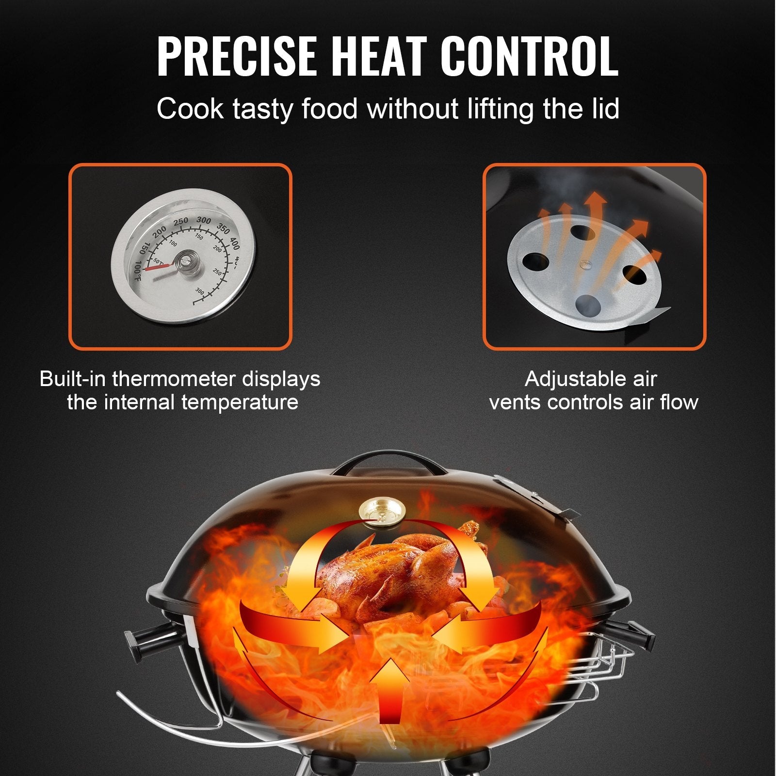 VEVOR 22 inch Kettle Charcoal Grill, Premium Kettle Grill with Wheels and Cover, Porcelain-Enameled Lid and Ash Catcher & Thermometer for BBQ, Round Barbecue Grill Outdoor Cooking, Picnic, Patio and Backyard 