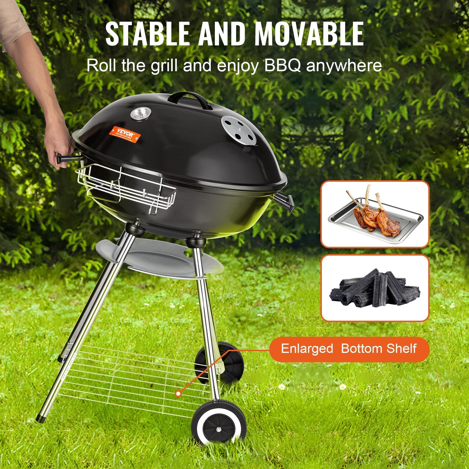 VEVOR 22 inch Kettle Charcoal Grill, Premium Kettle Grill with Wheels and Cover, Porcelain-Enameled Lid and Ash Catcher & Thermometer for BBQ, Round Barbecue Grill Outdoor Cooking, Picnic, Patio and Backyard 